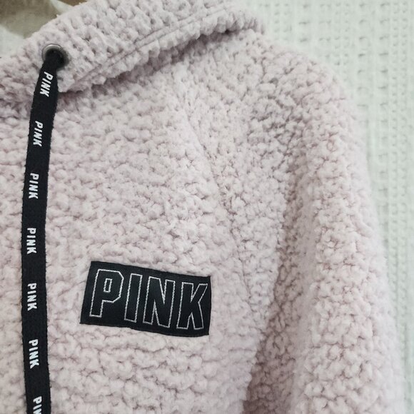 PINK Victoria's Secret Light Pink Sherpa Half Zip Hoodie Sweater Size Small - Picture 8 of 12